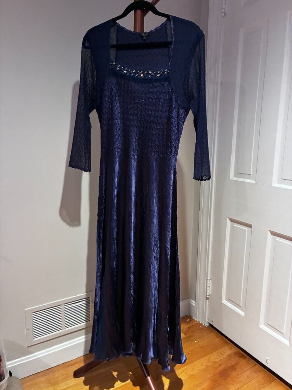KOMAROV Elegant Navy Blue Beaded Crinkle Midi Dress-NEW